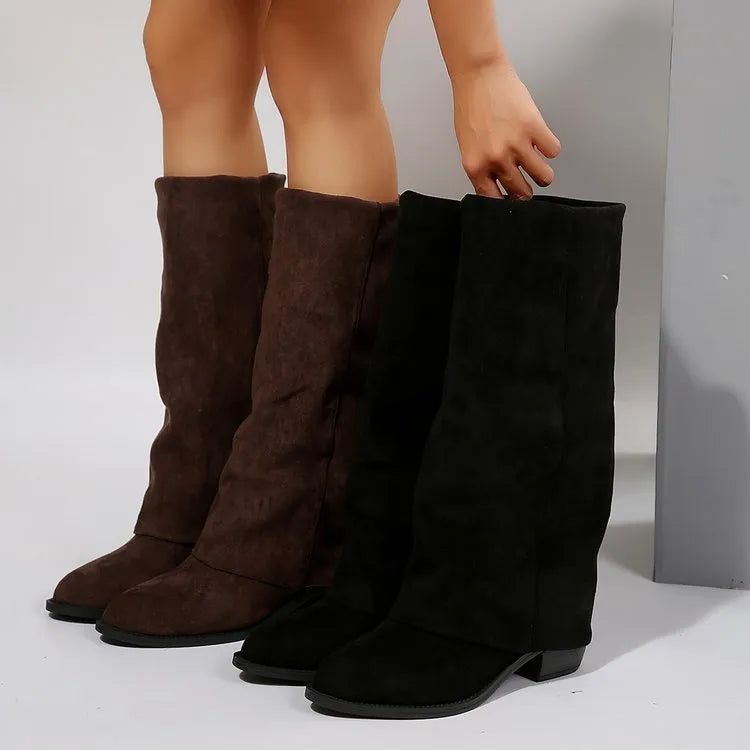 Chunky heel cowboy boot plus size unisex in artificial PU, mid calf length, brown colour