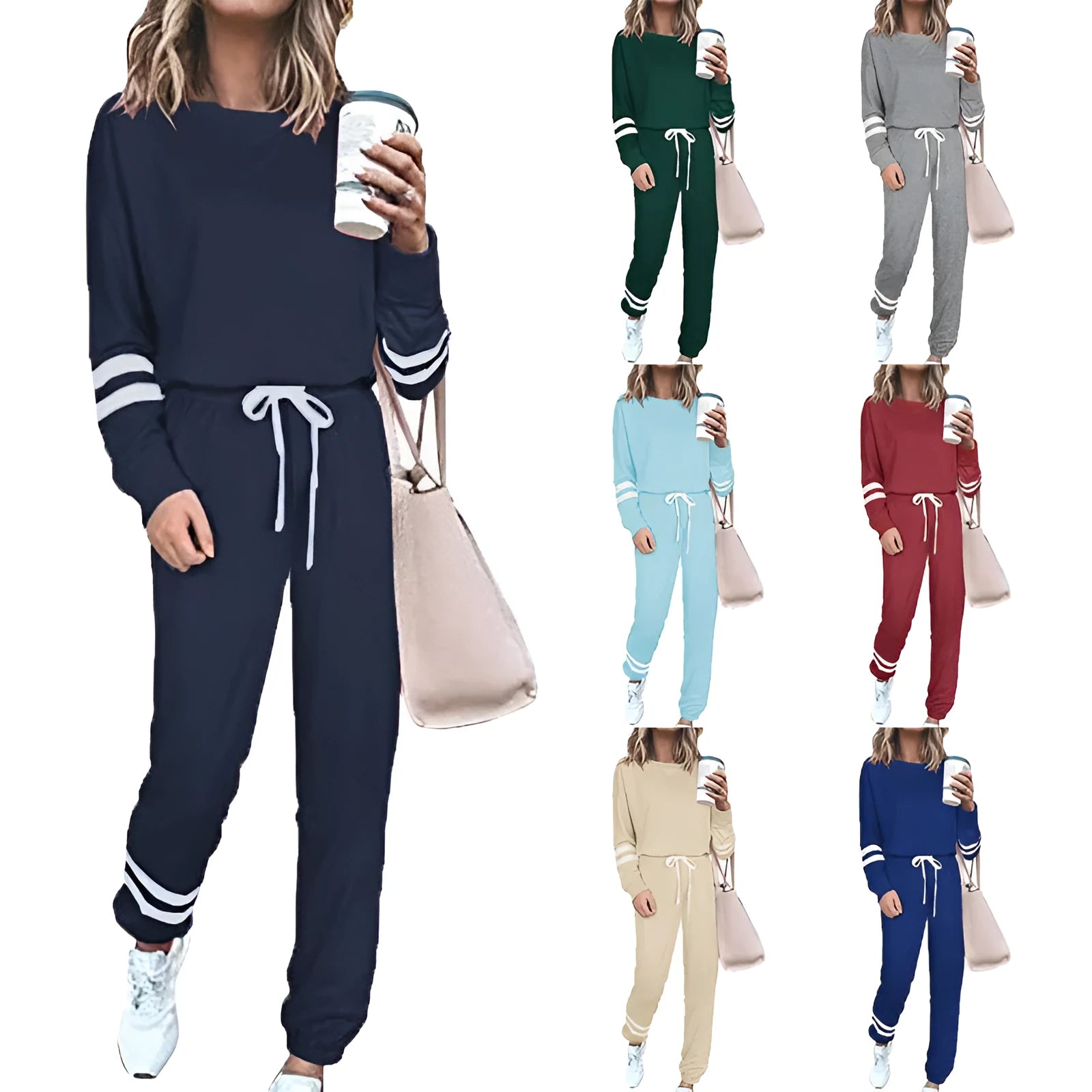 Women's plus size casual two-piece suit set in a solid colour, showing loose-fitting long sleeve top and trousers.