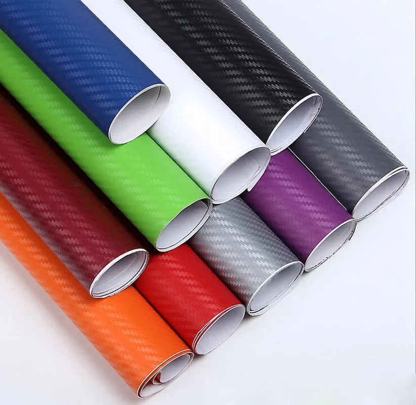 Roll of 3D carbon fibre car sticker in multiple colour options showing dimensions