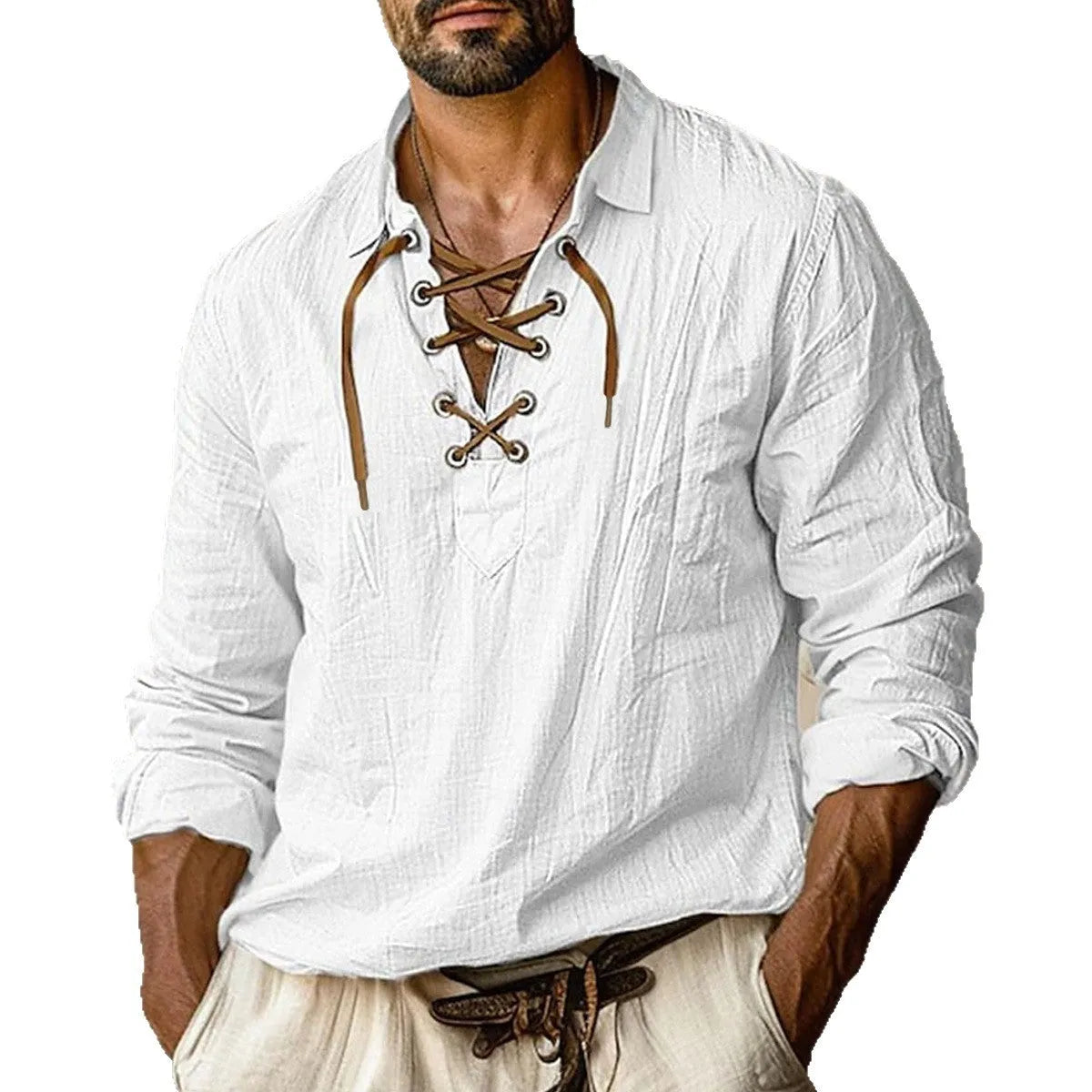 Men's loose fit plus size linen shirt with lapel collar and lace detailing in a solid colour.