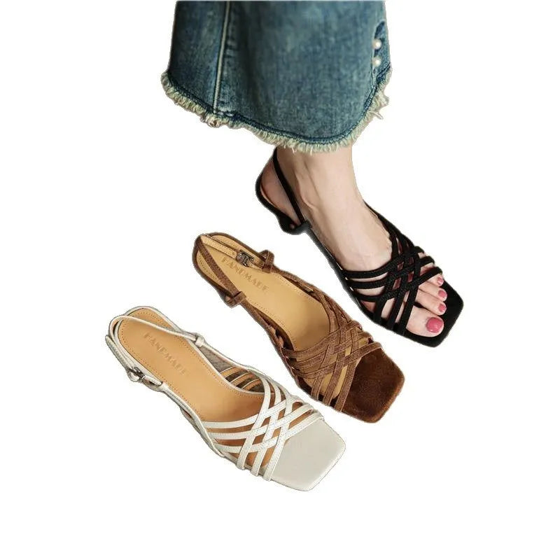 Retro women's high heel sandals with thin cross straps, square toe, and ankle buckle in light brown.