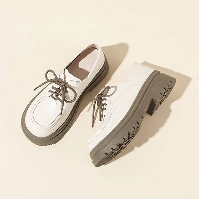 Women's apricot lace-up oxford shoe with 5cm thick heel and superfine fibre upper