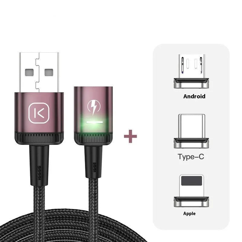 3-in-1 magnetic absorption data line with woven cable, aluminium alloy ends, Lightning Micro USB TYPE-C ports, black