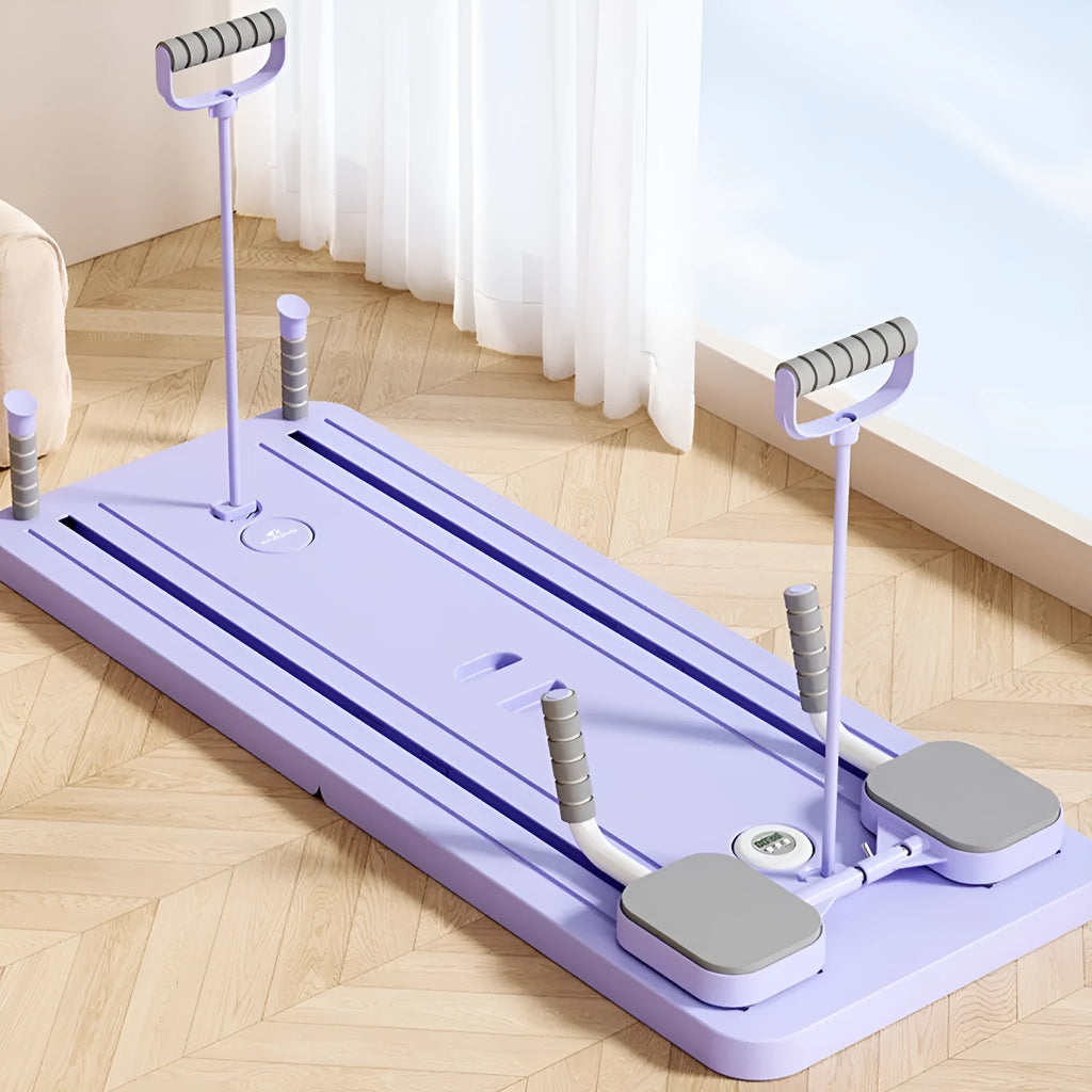 Standard purple automatic rebound abdominal wheel fitness board on floor demonstrating exercise position
