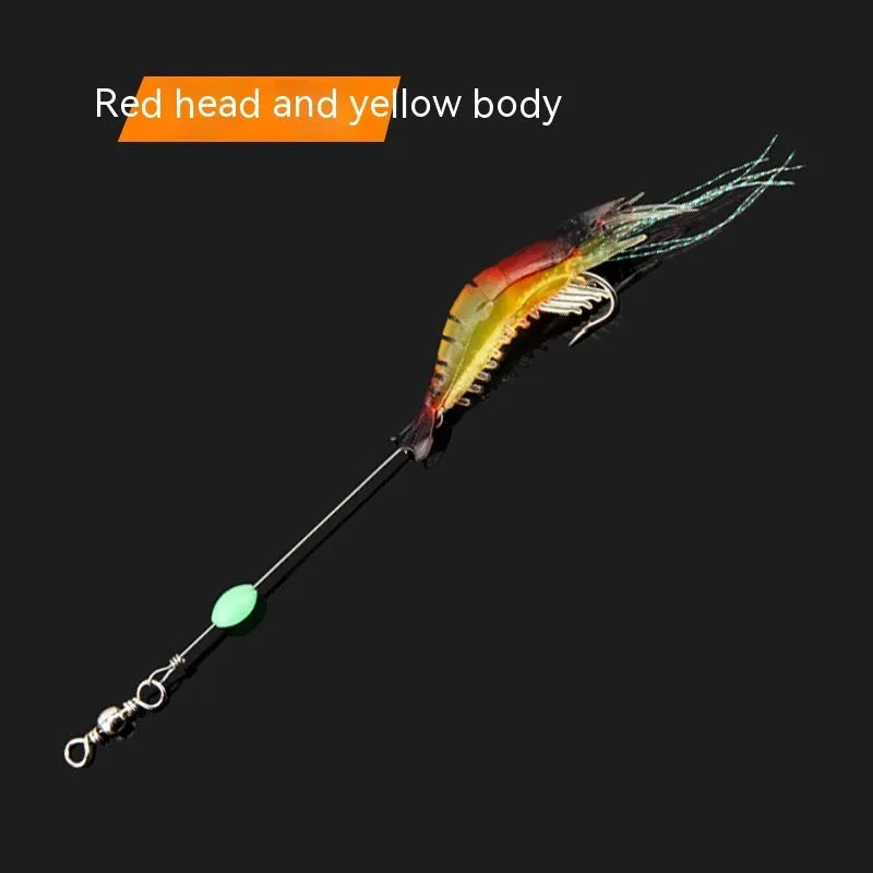 Luer soft fishing lure with metal hook in assorted colours including luminous pink and black head yellow body.