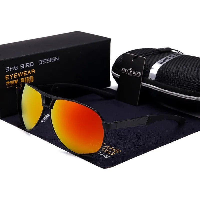 Men's orange red aviator sunglasses with metal frame and polarized HD TAC lenses.