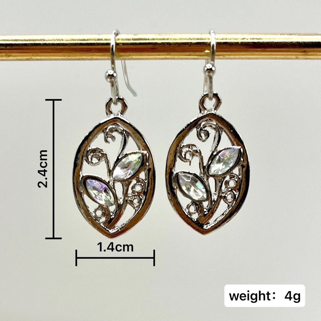 Silver-coloured leaf earrings with embedded colourful moonstones, drop design for women