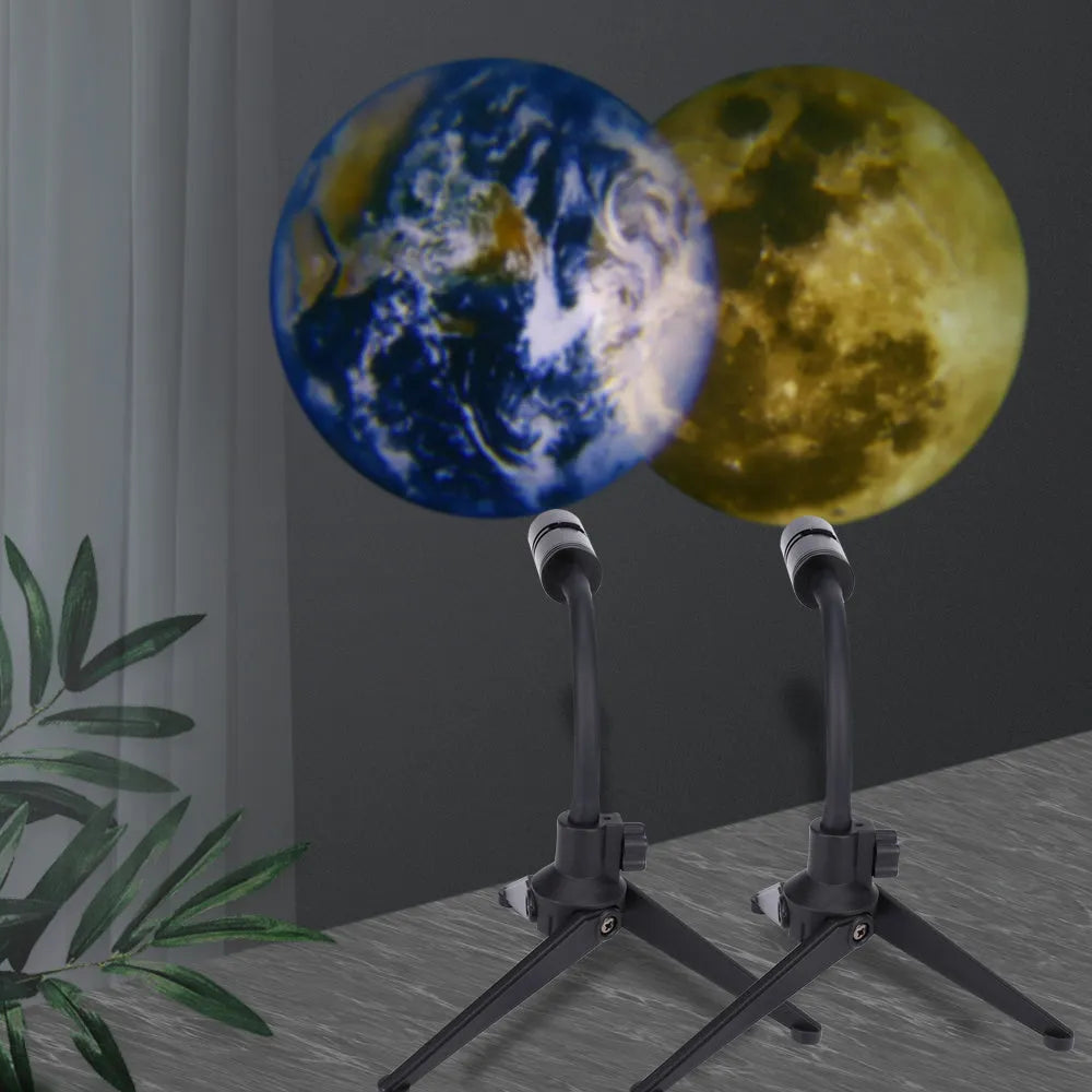Earth and Moon LED projector lamp with adjustable rotating bracket on wooden surface