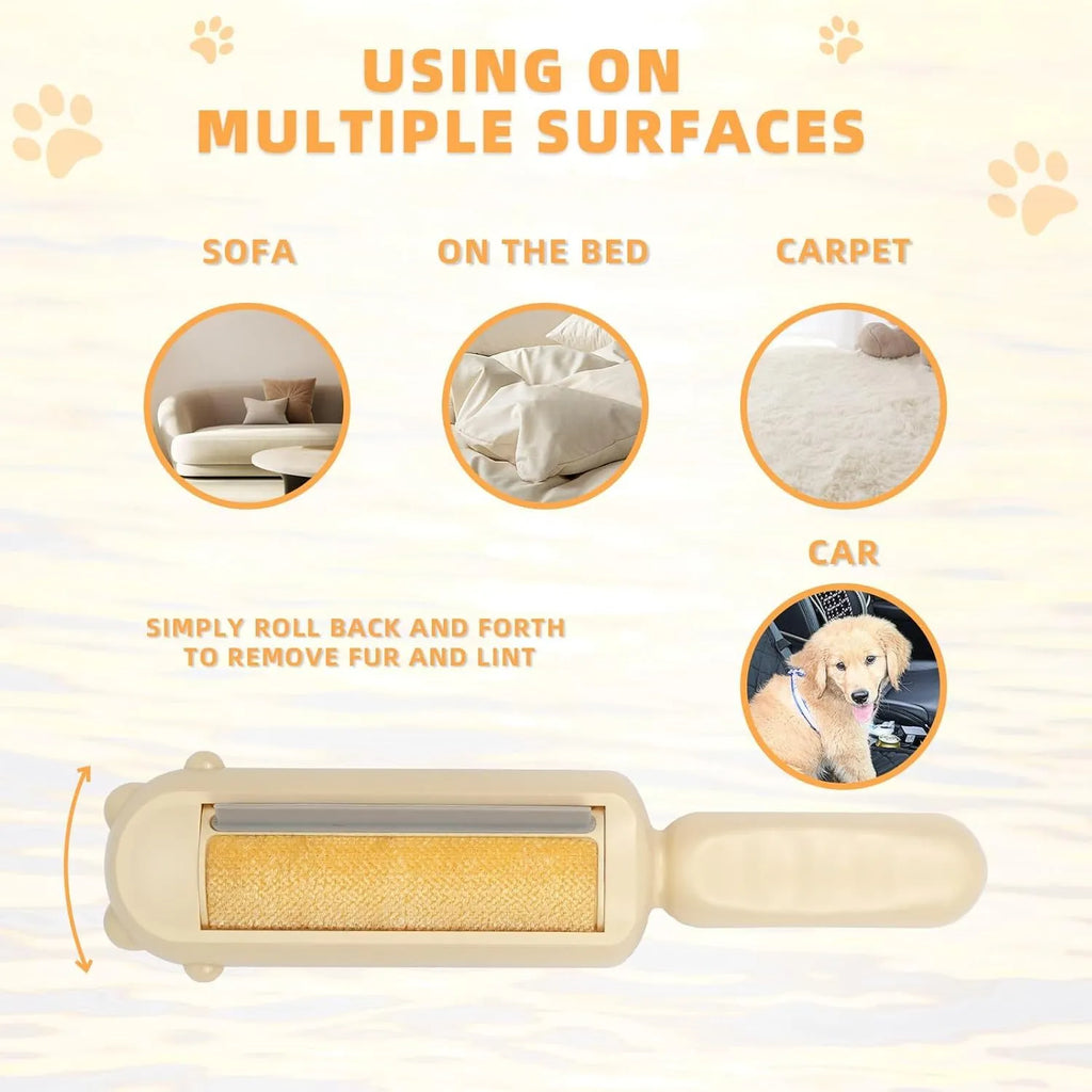Blue reusable pet hair remover roller with self-cleaning base on a grey sofa.