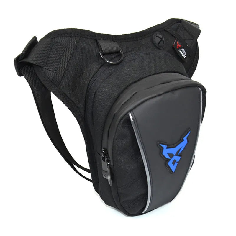 Motorcycle leg bag in 1200D Oxford cloth shown in red, worn on the leg, with adjustable straps and a 29cm x 29cm main compartment.