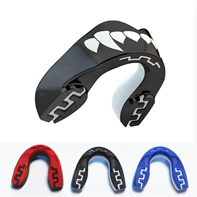 Adult boxing mouthguard with printed teeth design in black/white, red/white, and blue/white colour options