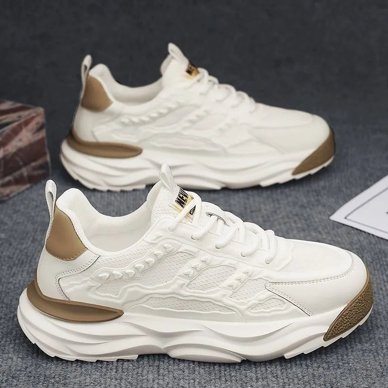 Men's white and black breathable PU mesh casual shoes with round toe, shown in sizes 39-44.