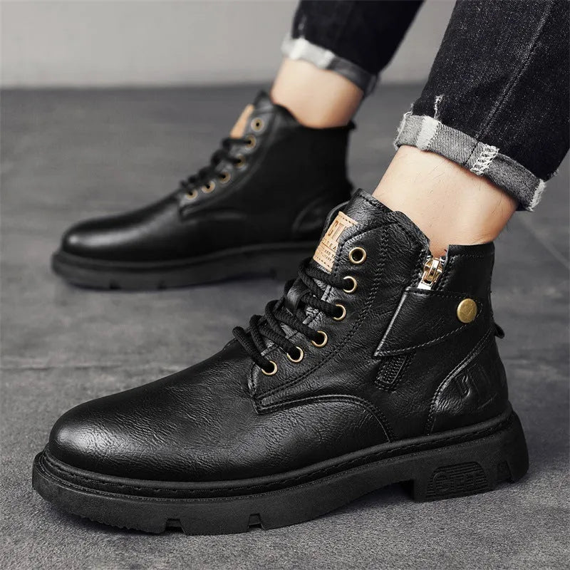 Retro British style men's Martin boots in black leather with front lace-up and mid heel