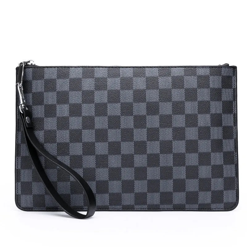 Men's soft PU leather clutch wallet open showing six card slots, bill slots, and a zipper pocket