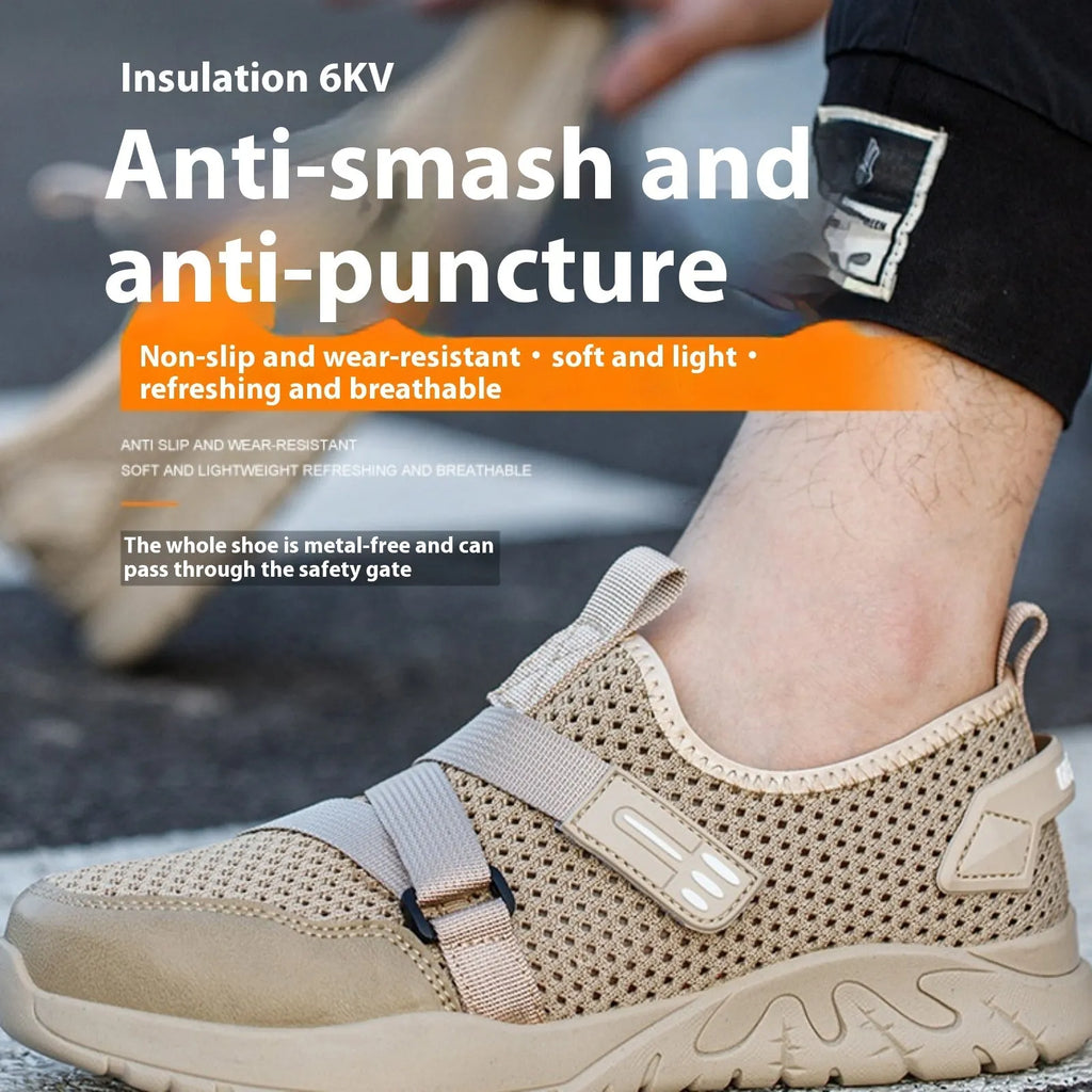 Men's grey anti-smash and anti-puncture work safety shoe with rubber sole.