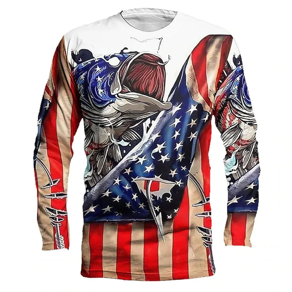 Men's grey round neck pullover top with an all-over printed fish pattern on the front and sleeves.