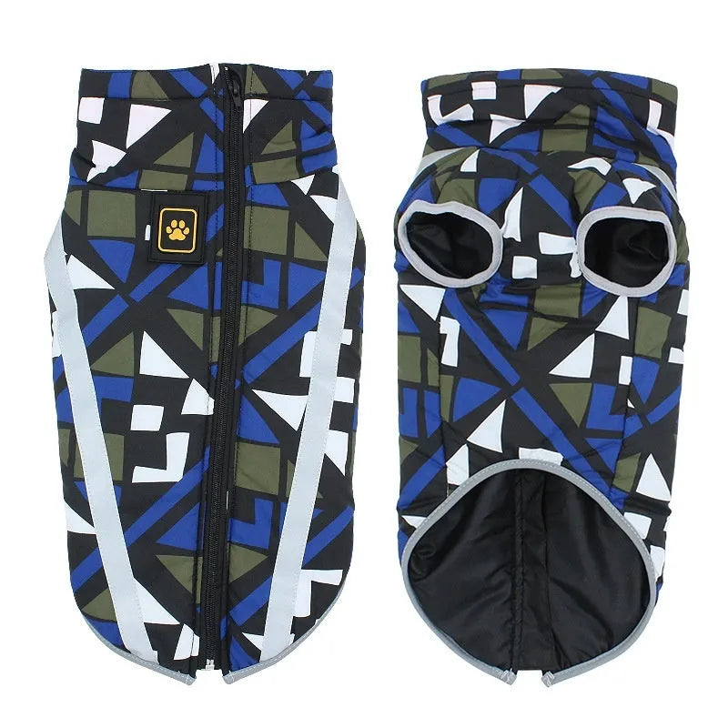 Reflective thick-shell dog jacket in geometric blue, red, or graffiti patterns for XL to 6XL sized pets