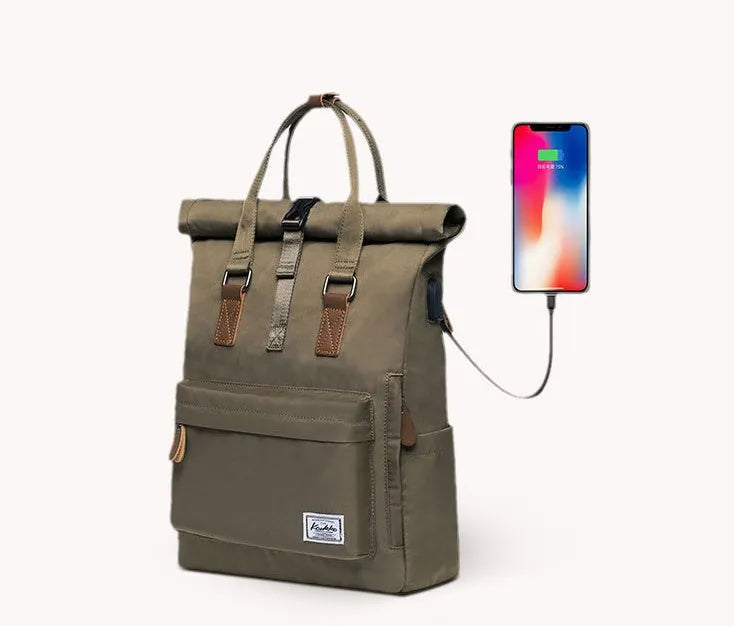 Casual polyester backpack with cover opening showing internal computer pocket and zipper organiser