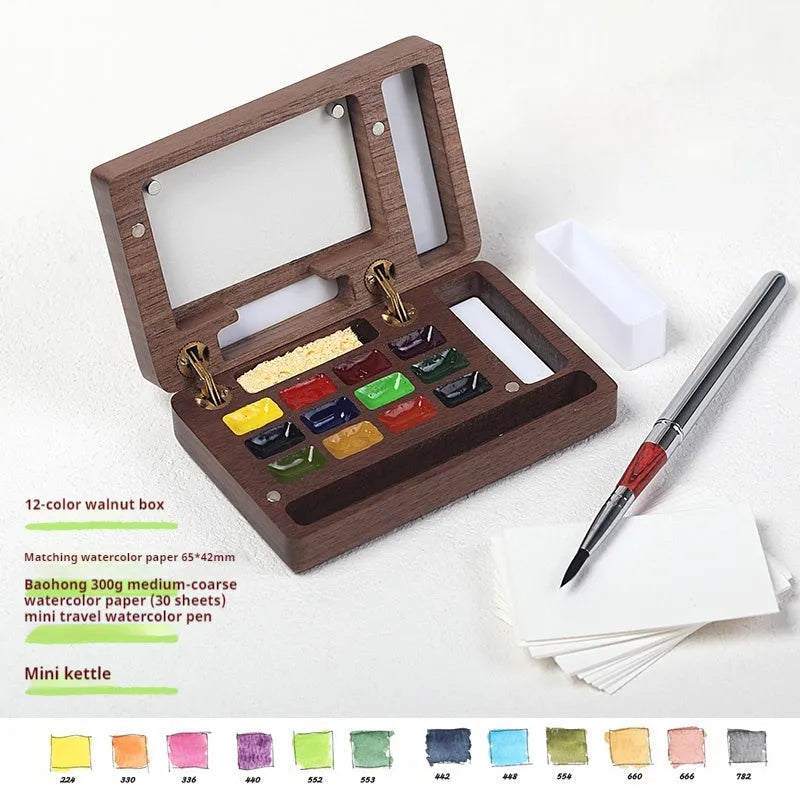 Mini walnut wood watercolour paint box with portable pigment suit storage case