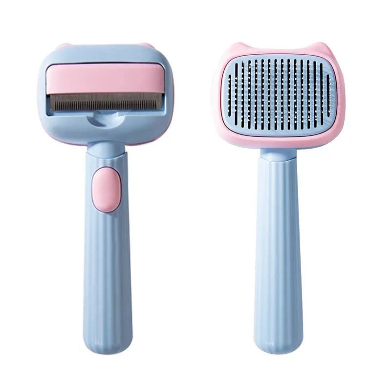 Red and blue pet grooming brush with double-sided deshedding comb for dogs and cats