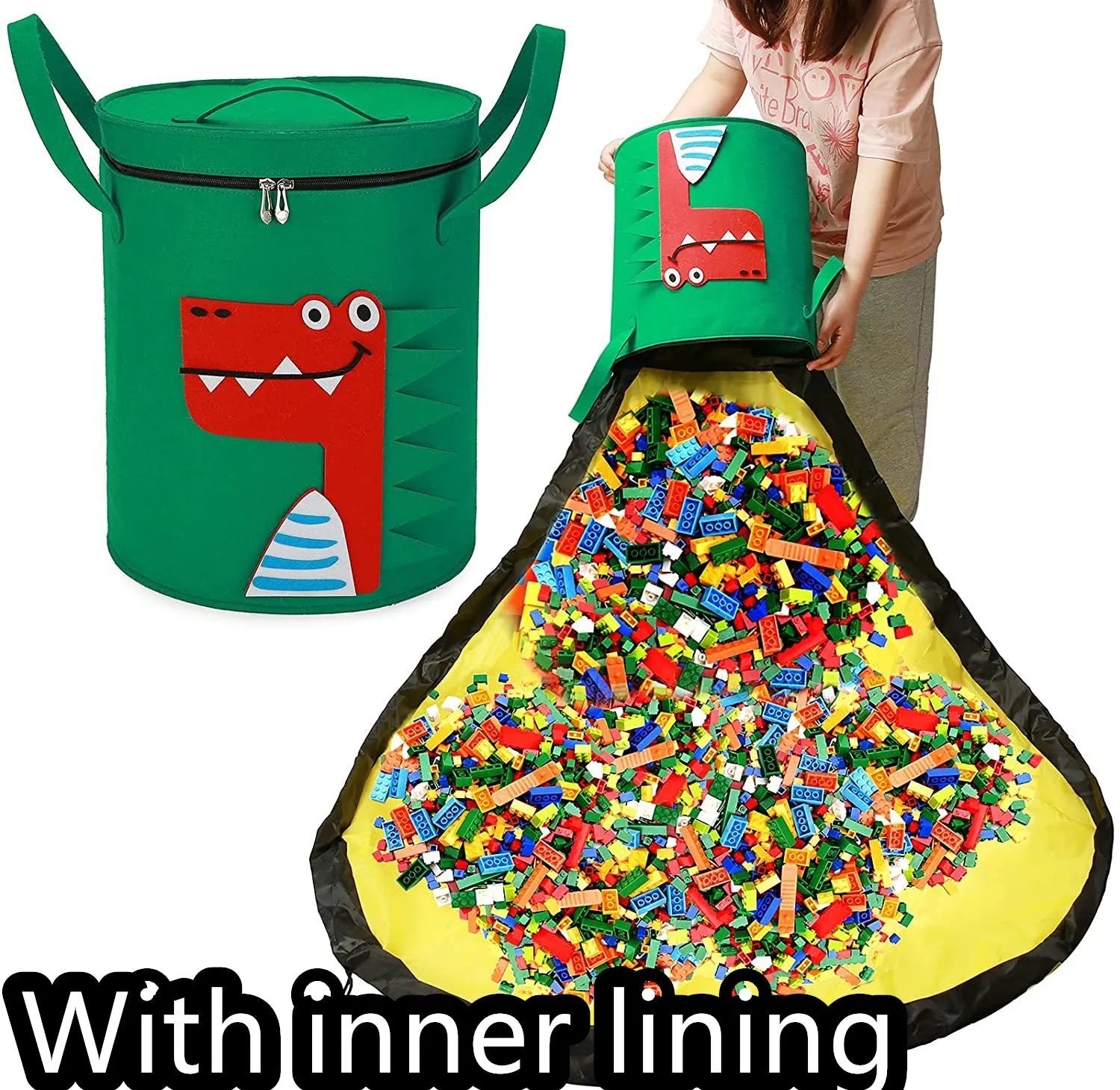Green felt storage bag cinched closed with pull rope, shown next to it laid flat as a play mat