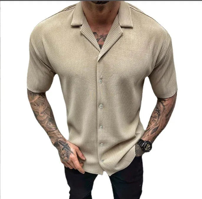 Men's cardigan solid colour short sleeve shirt in cotton blend, available in black