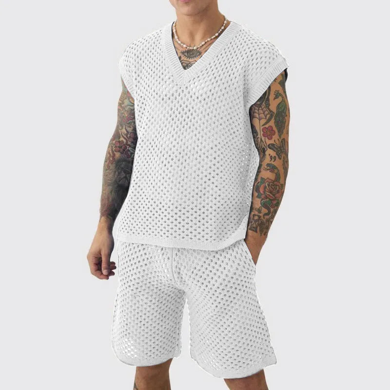 Men's blue V-neck sleeveless vest and matching shorts sports suit on a hanger