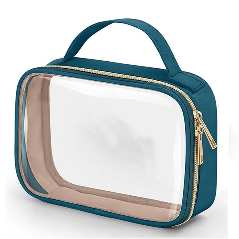 Clear PVC wash bag with chain handle for lipstick storage, shown in leopard print colour.