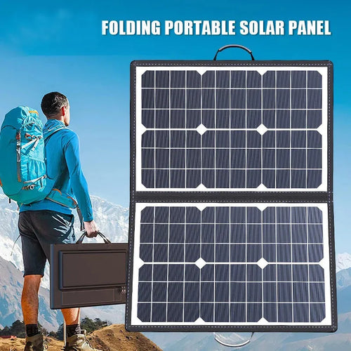 Black folding bag portable solar charger with 40W single crystal panel, shown folded to 425x285x8mm size.