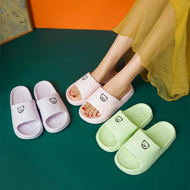 Cute bear slippers with non-slip thick soles in light purple, EVA upper, indoor bedroom bathroom footwear