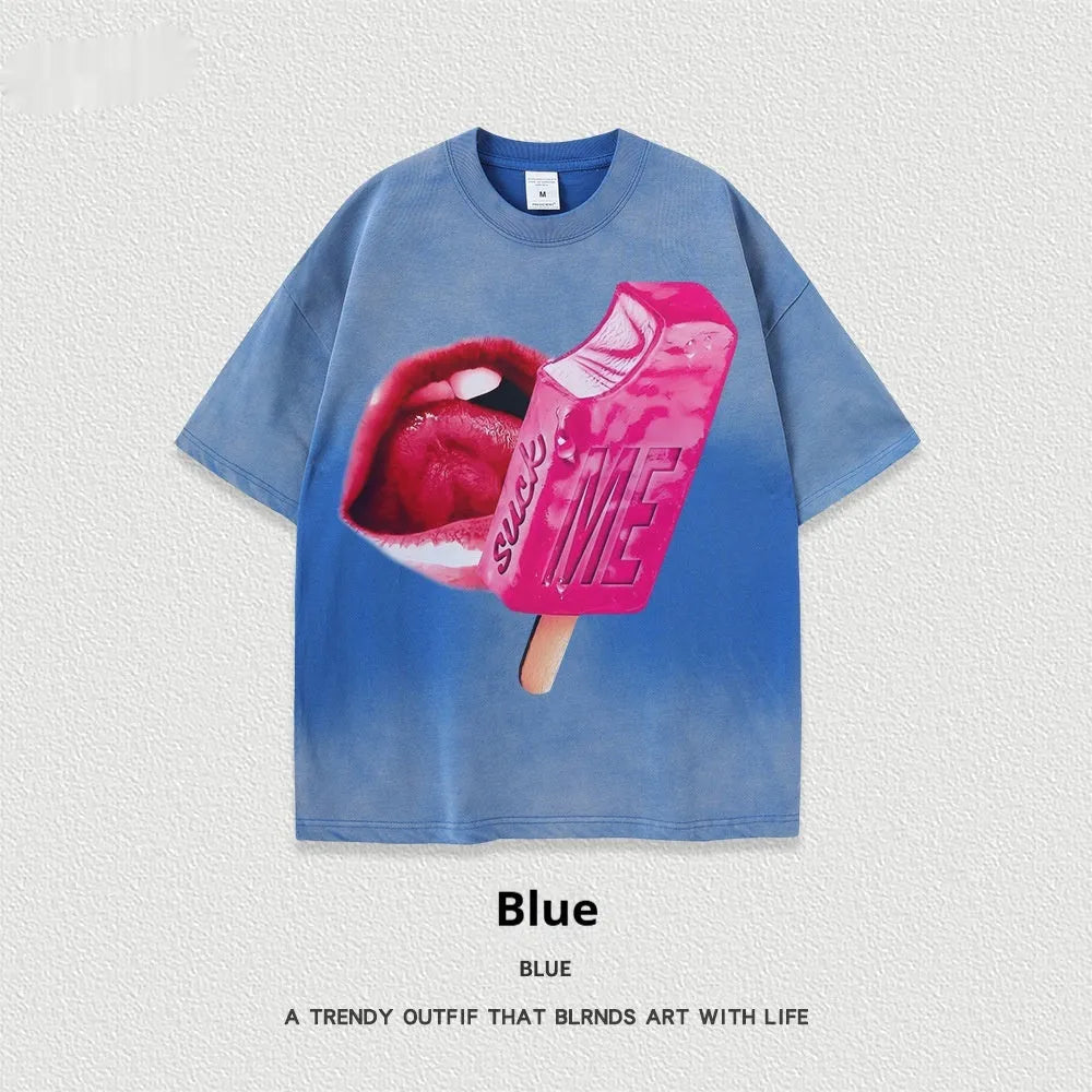 Heavy washed short-sleeved cotton t-shirt in loose pullover fit on a hanger