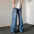 Blue designer embroidered high-waisted retro loose slimming trousers for teenagers