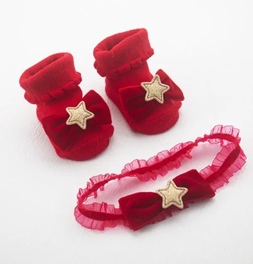 Baby hairband and socks set in pink with fabric texture for infant girls spring wear