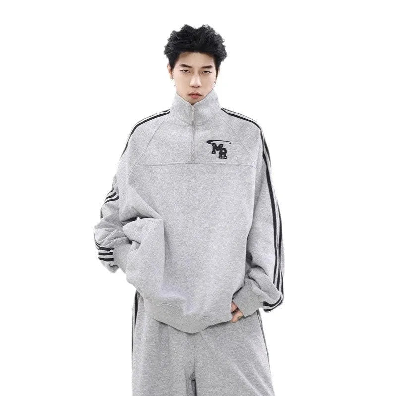 Black retro Hong Kong style hoodie with stand collar and long sleeves for casual sports wear