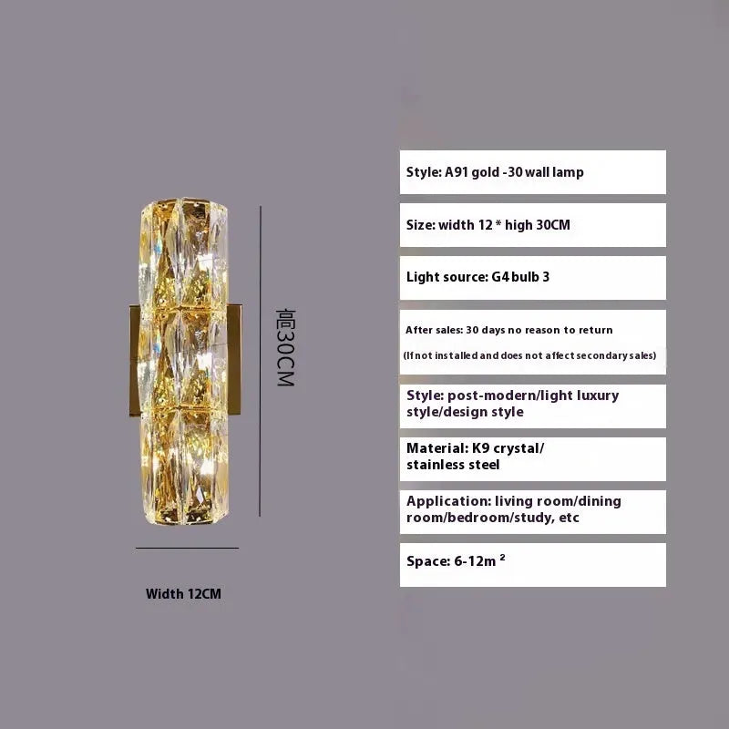 Crystal wall lamp with LED tri-colour light in chrome or gold finish showing multiple size options