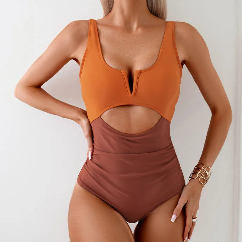 Women's colour block contrast one-piece swimsuit in nylon fabric