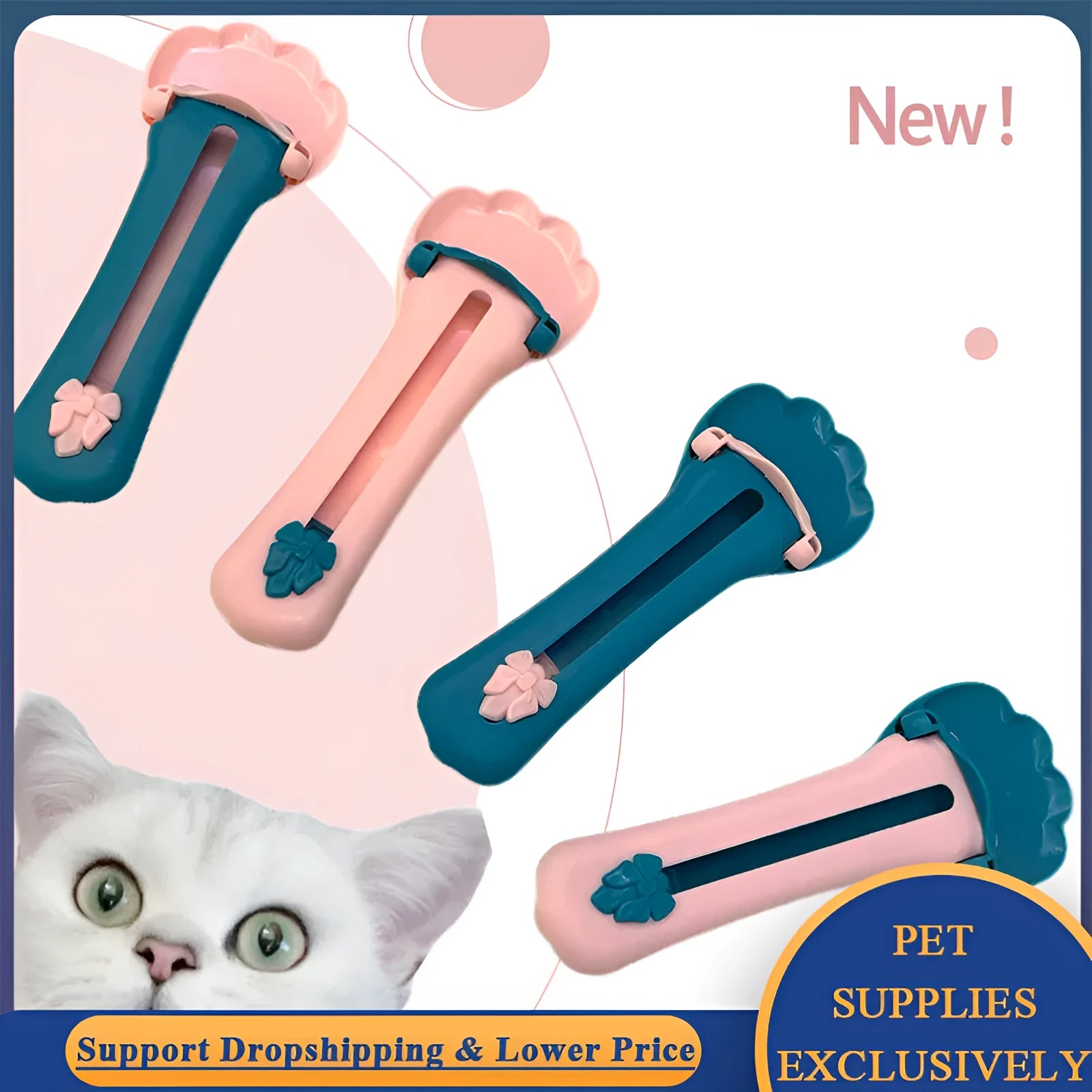 Pink and green pet feed spoon with squeezer mechanism for wet food and treat dispensing