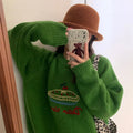 Women's round neck embroidered sweater in loose fit, available in seven colours including beige, gray, red, green, black, and rose red.