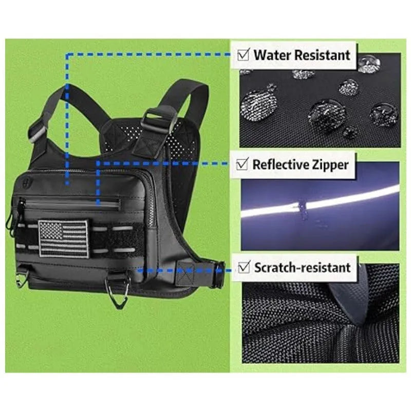 Men's tactical outdoor sports chest bag in black solid colour with waterproof Derm material and physiological curve back plate