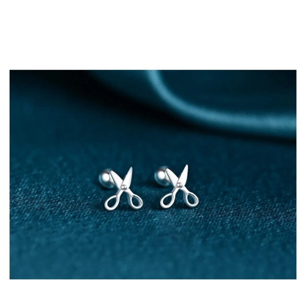S999 pure silver screw style ear nails with miniature scissors design motif