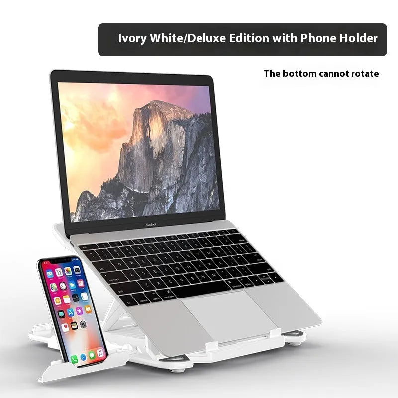 Black ABS plastic laptop bracket with adjustable tilt angle on wooden desk