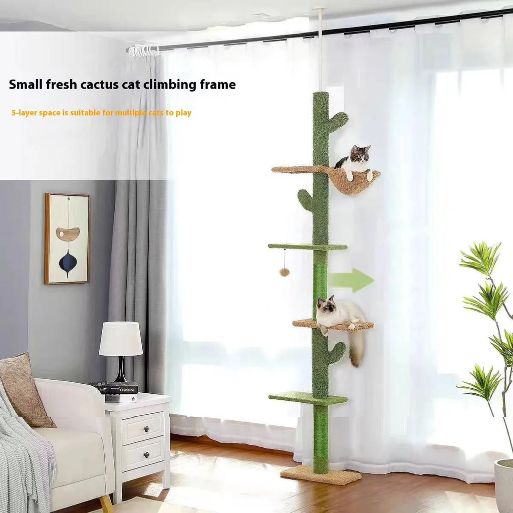 Tall solid wood cat climbing frame with integrated scratch board and built-in cat nest