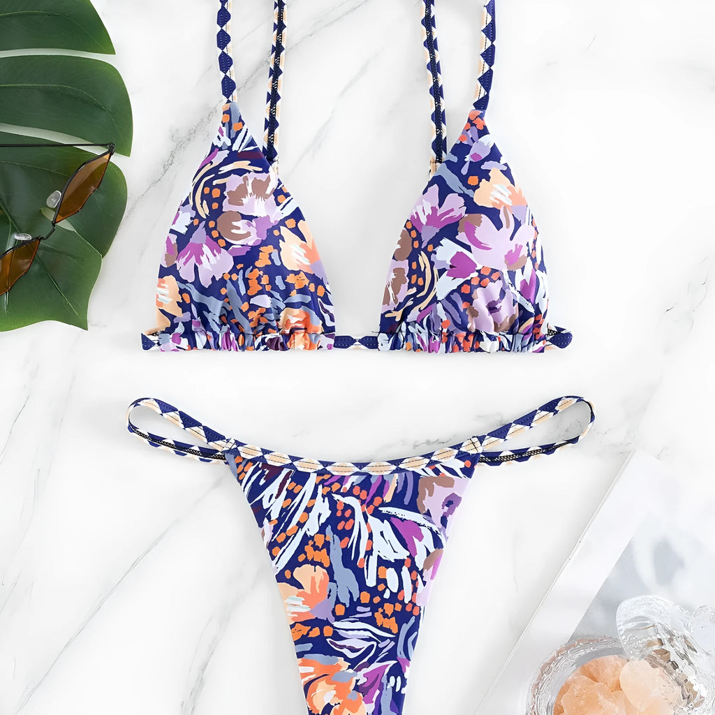 Women's floral print triangle bag swimsuit in polyester fabric with briefs cut