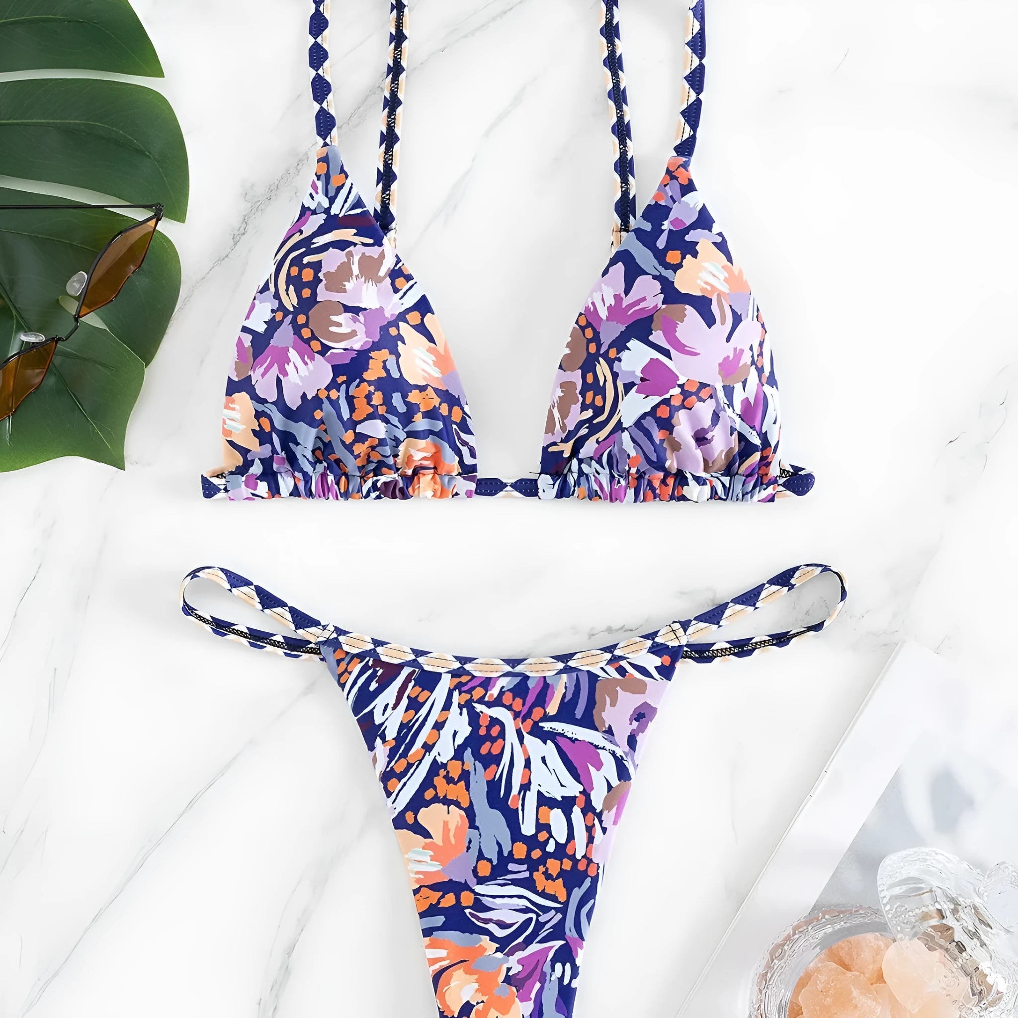 Women's floral print triangle bag swimsuit in polyester fabric with briefs cut