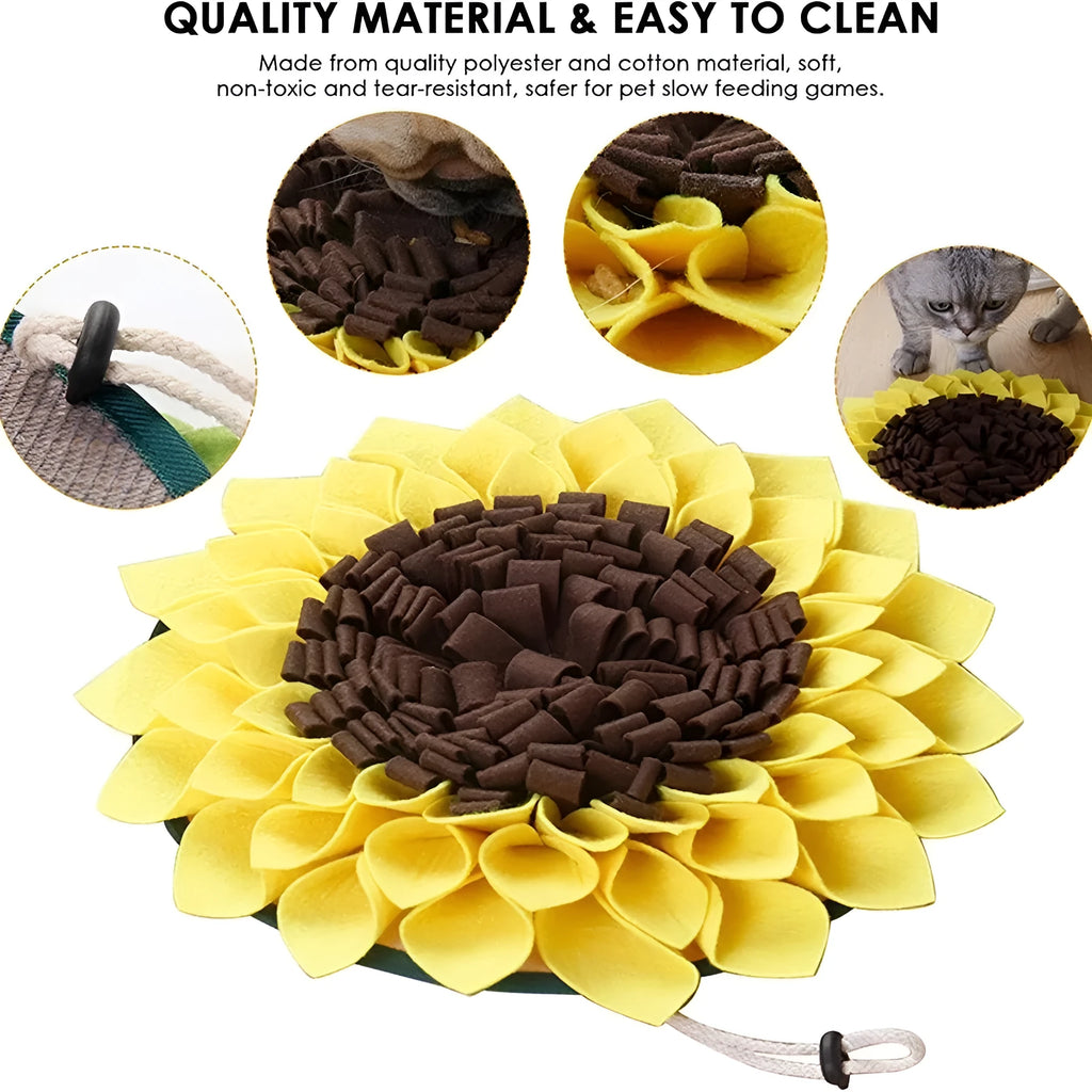 Yellow sunflower-shaped dog snuffle mat with fleece texture and a hanging rope buckle.