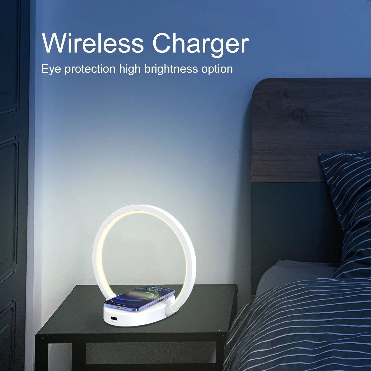 Night light lamp Bluetooth speaker table light with 10W wireless charger USB port phone holder in black finish