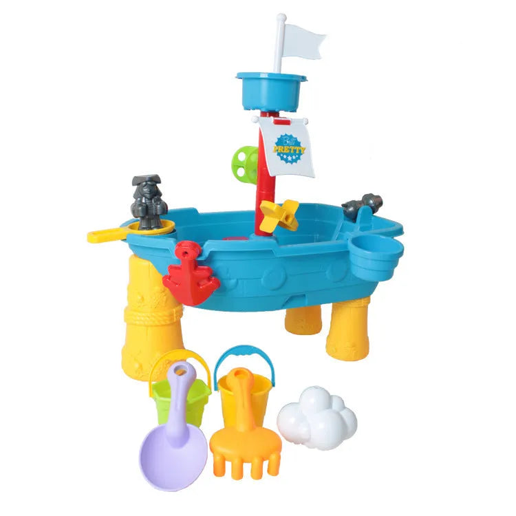 Children's plastic beach table four-layer toy set with 18 beach boat pieces for water and sand play