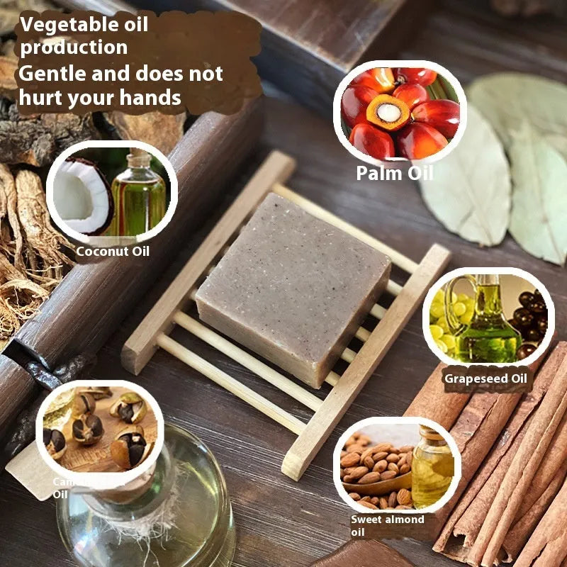 A single 72-gram bar of nine herb cold process shampoo soap for oil-free hair washing.