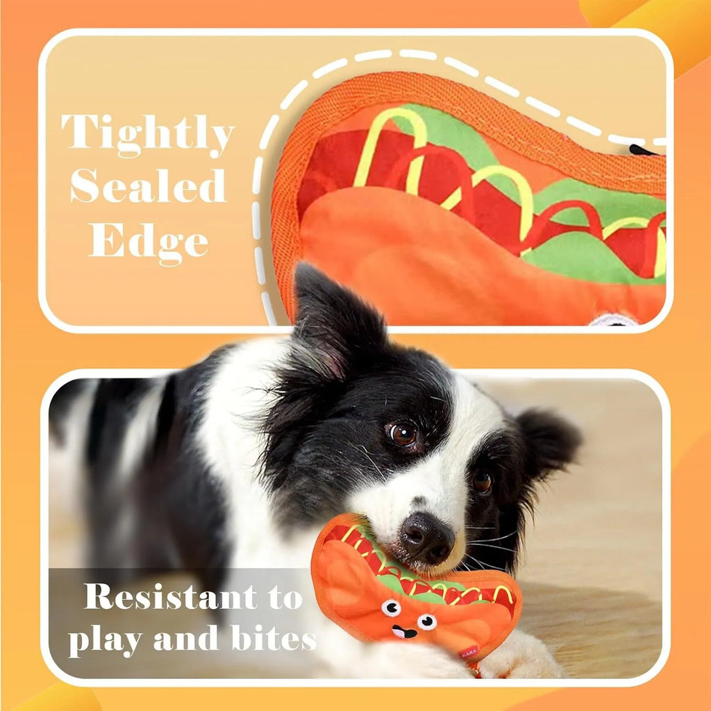 Colourful hamburger, fries, hot dog, and pizza shaped dog chew toys with crinkle and squeak features