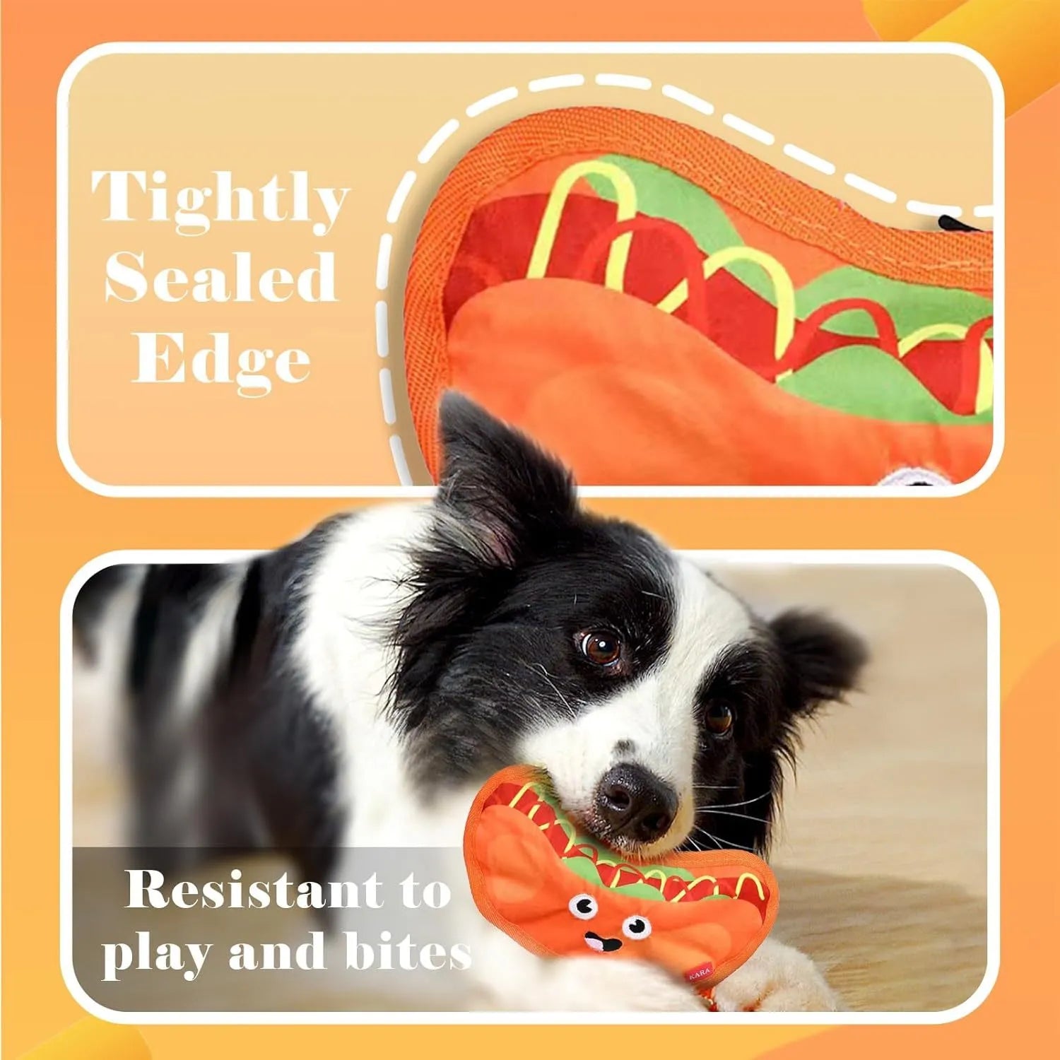 Colourful hamburger, fries, hot dog, and pizza shaped dog chew toys with crinkle and squeak features